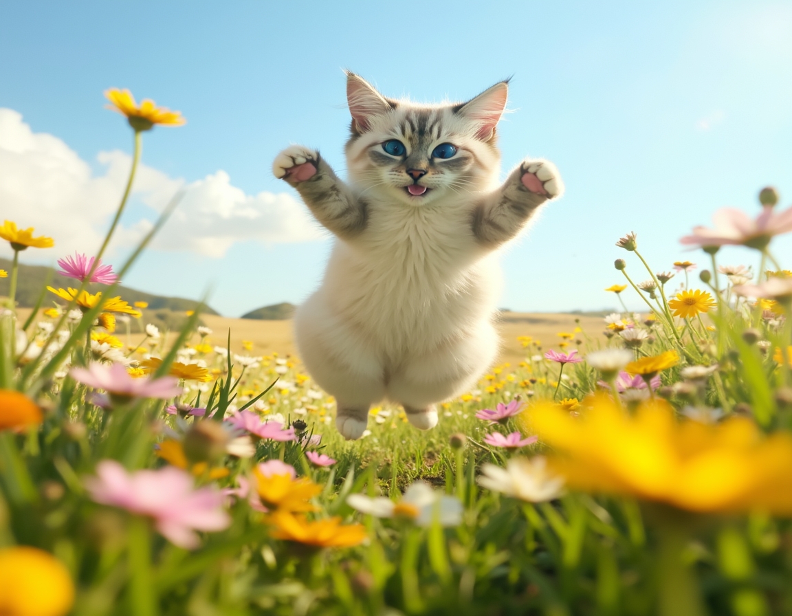 Cat enjoys the beauty of a flower-filled meadow, exploring the bright and colorful setting.